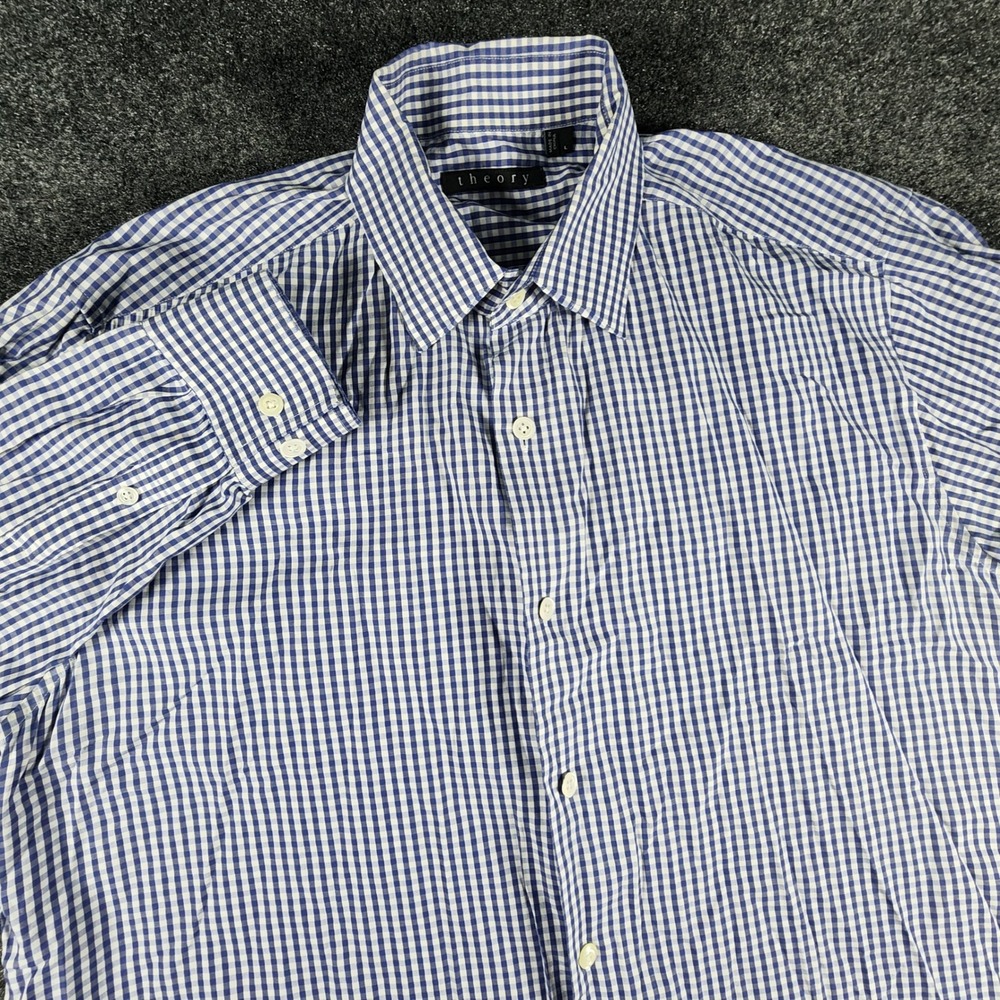 Theory Button Down Shirt Mens L Blue Gingham Check Long Sleeve Cotton